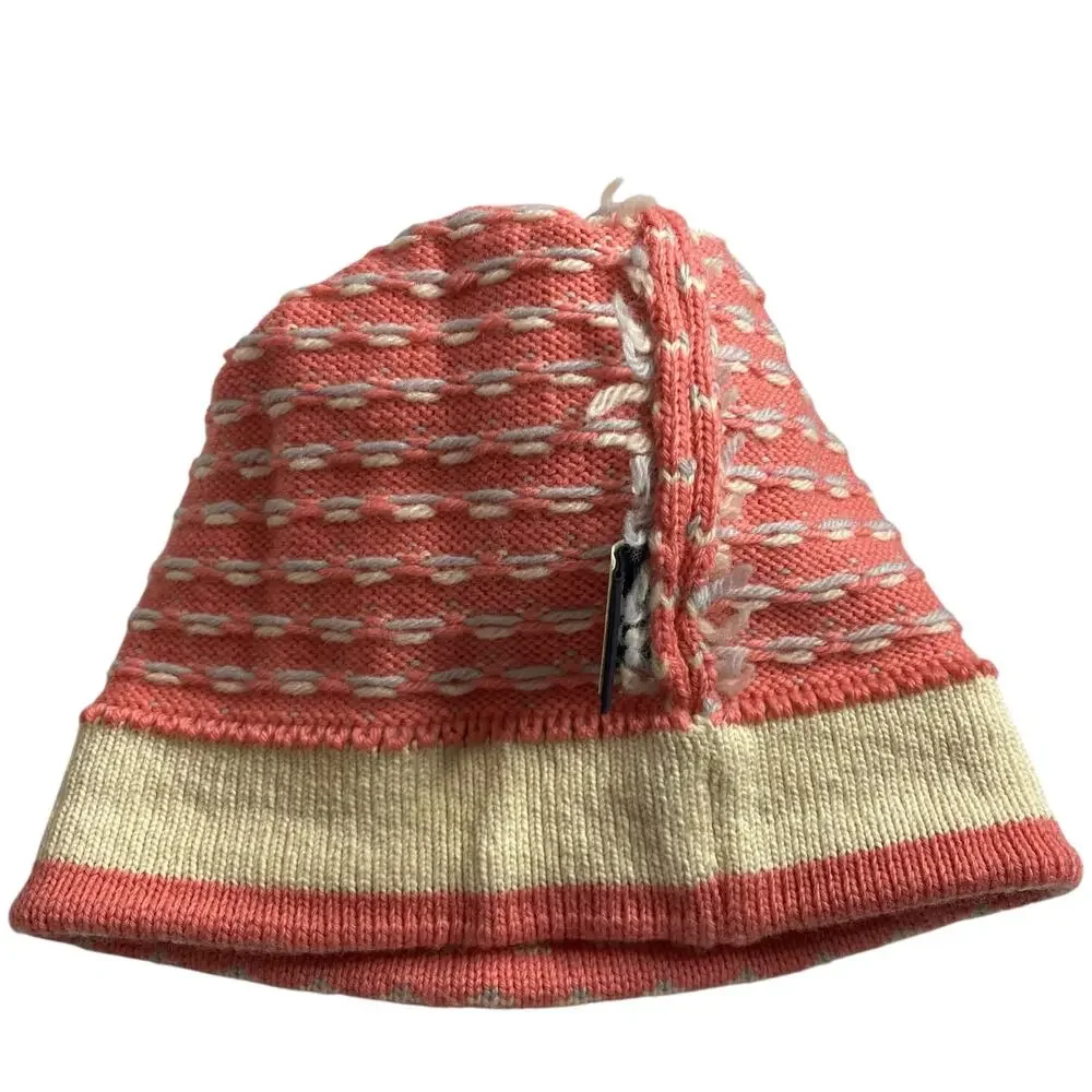 Vintage 80s Serac Wool Beanie Pink Birdseye Print Pom Pom Womens Ski Hat USA